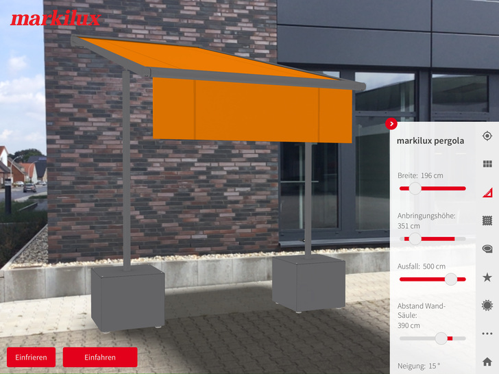 Markisenhersteller markilux hat seine neue Markisen-App bereits mit einer neuen Funktion erweitert. Neben den klassischen Gelenkarmmarkisen kann man nun auch das “pergola-Modell“ mit der App konfigurieren.