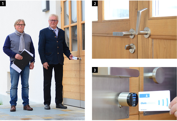 



01 Architekt Gerhard Bichler (l.) mit dem Bürgermeister von Eichendorf, Max Schadenfroh, vor der Post.02 Es wurde auch viel Wert auf die Einheitlichkeit sowie Durchgängigkeit des Designs gelegt.03 Die Zutrittsberechtigungen werden über Funk auf die Beschläge, Zylinder und Leser übertragen.
