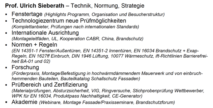 Ein sehr umfangreiches Technik-Paket stellte Prof. Ulrich Sieberath auf der Pressekonferenz der Rosenheimer Fenstertage vor. - © IFT
