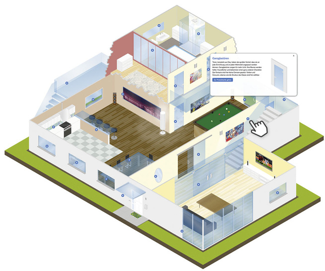 Klickt man im Gebäudemodell auf einen Marker, erscheint sofort ein Dialogfeld zum passenden Glas. - © Glas-Lerchenmüller
