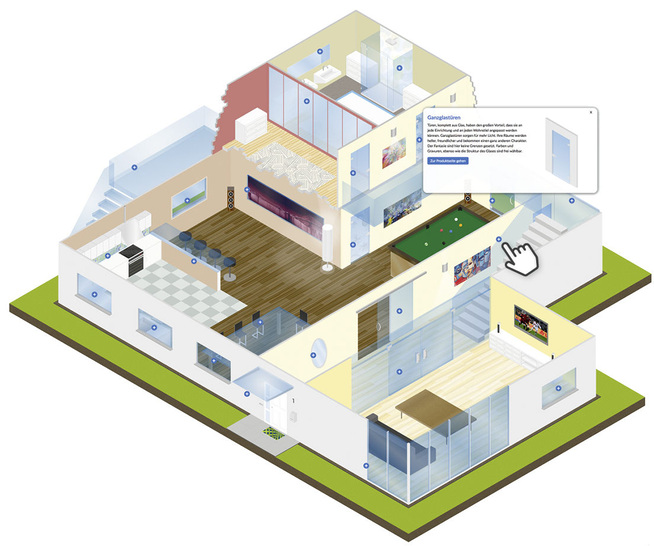 Klickt man im Gebäudemodell auf einen Marker, erscheint sofort ein Dialogfeld zum passenden Glas.