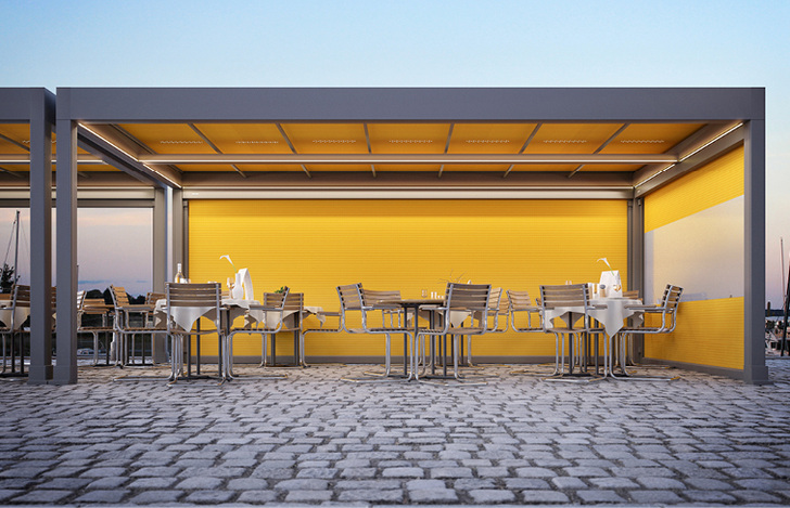 
Das Markisendach kann noch mit verschiedenen Senkrechtmarkisen kombiniert werden.



