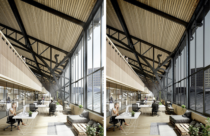 



Bei der Sanierung des Gare Maritime in Brüssel wurden 1633 m
2
 
sensorgesteuerte Halio Gläser in schmale Stahlrahmen der Fassaden eingebaut (im rechten Bild gedimmt).
