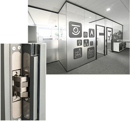 



Das verdeckt liegende Glastürband „Pivota DX Glass“ von Basys wird als objektgeeignetes System samt Schloss, Schlosskasten und Griff angeboten. 
