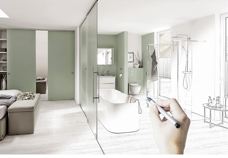 <p>
</p>

<p>
Ein gläserner Raumteiler kann transparent oder durchscheinend sein, jedoch auch blickdicht oder spiegelnd. Dies erlaubt unzählige Möglichkeiten bei der Gestaltung von Badezimmern sowie der angrenzenden Räume.
</p> - © Foto: GLAS NACH MASS/ Saint-Gobain


