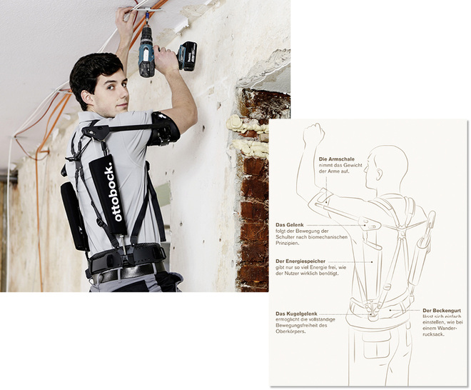 <p>
</p>

<p>
Das Exoskelett unterstützt Handwerker bei Tätigkeiten über Kopf. Paexo wird eng am Körper getragen und ermöglicht dabei volle Bewegungsfreiheit.
</p> - © Foto: Ottobock

