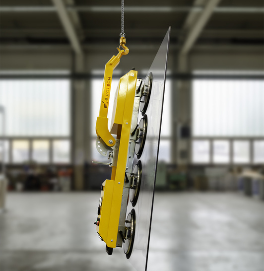 Das Hebegerät eT-Hover-univac-line eignet sich zum Handhaben und Versetzen von flächigen Lasten und unterschiedlichen Materialien, es wurde für den Baustelleneinsatz konzipiert.