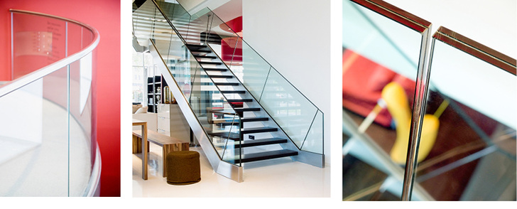 



Beispiele für die GC-Glasbrüstung: Die Konstruktion erfolgt mittels Vergussmasse und ist linienförmig eingespannt.
