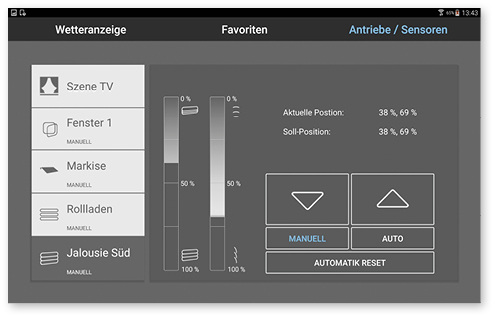 



Der Raffstore kann, wie hier im Beispiel zu sehen, unabhängig von Fahrbewegungen und Lamellenwendung eingestellt werden.
