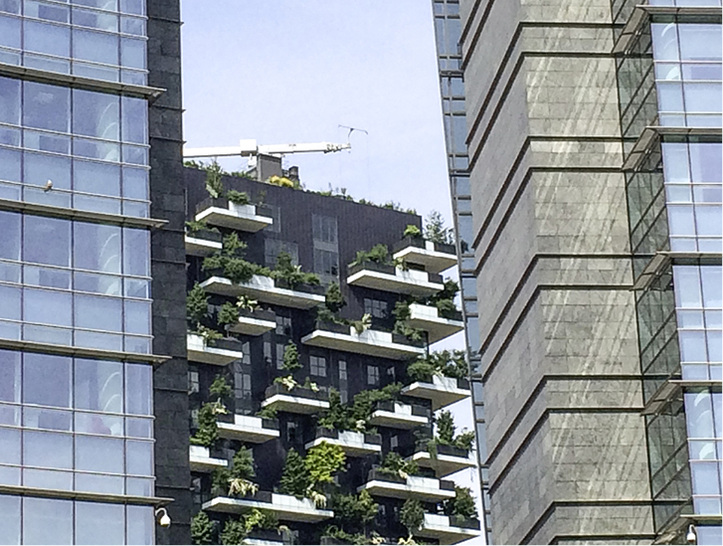 Bosco Verticale (senkrechter Wald) ist der Name von begrünten Zwillingstürmen eines Hochhauskomplexes in Mailand des Architekten Stefano Boeri und greift das Thema Fassadenbegrünung auf vorbildliche Weise auf. - © Matthias Rehberger / GLASWELT
