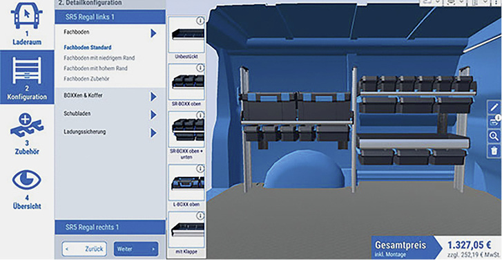 
Mit dem Online-Konfigurator mySortimo configuration kann jetzt jeder Handwerker seine Fahrzeugeinrichtung einfach und individuell planen. Das beinhaltet auch Schubladen und Boxen im Sortimo SR5 System. 



