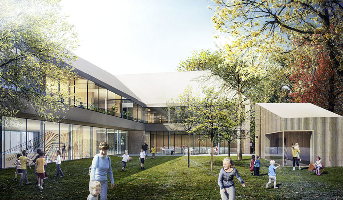 Hier ein 3D-Rendering mit dem Entwurf für die Glasfassaden für die Rudolf Steiner Schule in Wien.