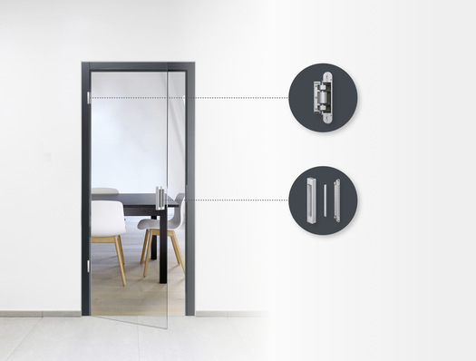 Das Bandsystem Tectus TEG 310 2D und das magnetische Schließsystem Keep Close bilden zusammen das Beschlagsystem Tectus Glas für Ganzglastüren bis 80 kg.