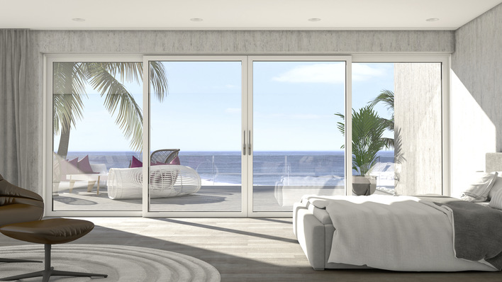 Hebeschiebesystem Schüco LivIngSlide mit neuem Flügelprofil in schmaler Ansichtsbreite von 72 mm