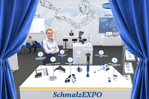 Über Videos, 360°-Ansichten und Bildergalerien erhalten die Besucher der virtuellen SchmalzEXPO detaillierte Informationen zu Anwendungen und Produkten.