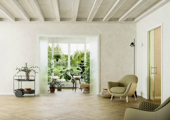 Schiebetüren sind vor allem als Raumteiler sehr beliebt. Diese Schiebetür von Eclisse wirkt mit seinen großen Glasflächen sehr edel und schenkt dem Raum angenehmes Tageslicht. Hier im Bild das Schiebetürmodel Eclisse Unico mit Doppelflügel in der Ausführung Glas. Die erhältlichen Maximalformate der Systeme sind: 2,36 m als verkleidetes Durchgangsmaß und 2,22 m als verkleidete Durchgangshöhe.