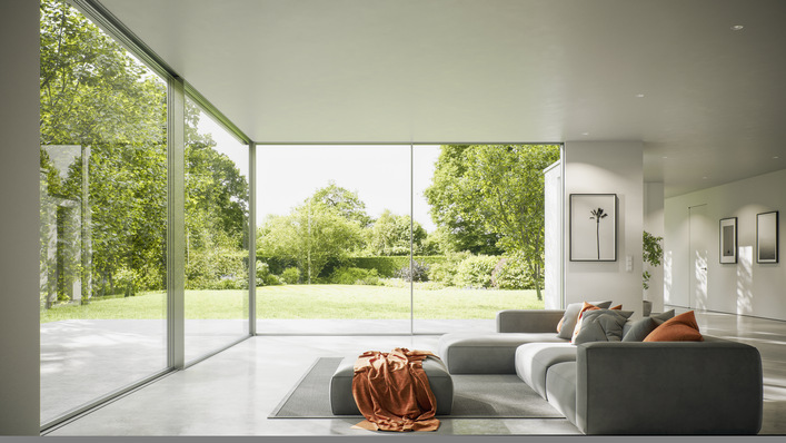 Die klare Linie ist die Inspiration für Horizon. Das minimalistische  Rahmensystem für Schiebefenster ermöglicht maximale Transparenz. Innenraum und Außenbereich fließen scheinbar ineinander.