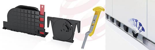 Die Glasgeländer Easy Glass Smart und Easy Glass Prime lassen sich mit dem Q-disc System einfach  befestigen. Hierfür gibt es ein eigenes Tool (gelb bzw- blau im Bild).