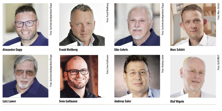 Diese hier abgebildeten Sachverständigen sind auch auf der Baustelle vor Ort und decken Mängel und Schadhaftigkeiten auf: Eine zentrale Rolle spielt dabei stets die Einhaltung gesetzlicher Bestimmungen, wie z. B der CE-Kennzeichnung, der DIN-Normen und weiterer Richtlinien sowie der üblichen Vorschriften im Fenster- und Türenbau. Allen Sachverständigen (Alexander Dupp, Frank Weilberg, Eike Gehrts, Marc Schütt, Lutz Lawer, Sven Gallmann, Andreas Euler und Olaf Vögele) liegt es am Herzen, wichtige Fakten zum Umgang mit Prüfzeugnissen und -nachweisen zu vermitteln. 