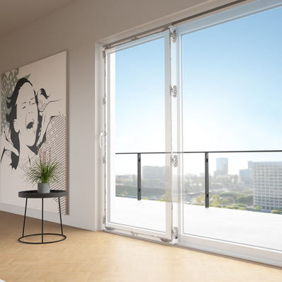 Der Abstell-Schiebe-Beschlag Atrium Move bewegt Fensterflügel in der Tandemversion bis 250 kg.