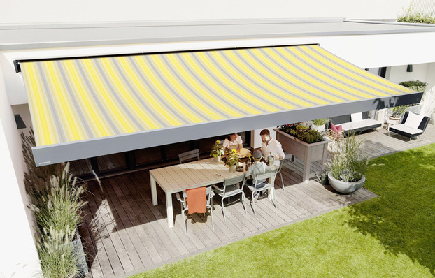 Weinor präsentiert auf der Branchenmesse R+T ­digital die erste nachhaltige Markisentuch­kollektion modern basics blue.