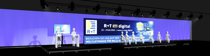 Neumann & Müller liefert für Digital-Live-Events wie die R+T digital technisch umfassendste Lösungen für virtuelle Veranstaltungen,hier mit einem 11 m breiten LED-Screen.