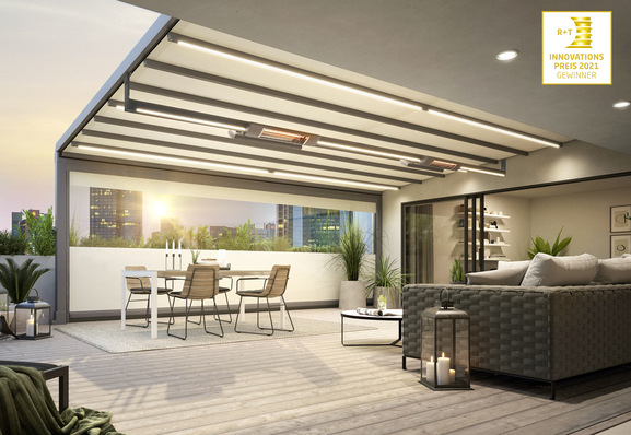 Markisenhersteller markilux erhielt für seine neue „pergola stretch“ in der Kategorie „Outdoor” den ­Innovationspreis in Gold der Messe „R+T digital“ 2021.