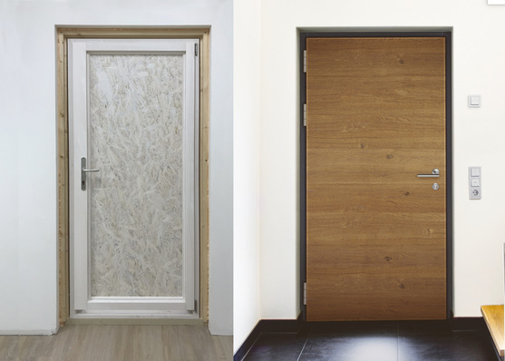 Während der Bauphase bereitet der Montagetür und -zarge Schmutz, Staub oder mechanischen Belastungen keine Probleme, erst nach Abschluss der Bauarbeiten wird die Holz-Haustür von Kneer-Südfenster eingesetzt.