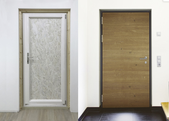 Während der Bauphase bereitet der Montagetür und -zarge Schmutz, Staub oder mechanischen ­Belastungen keine Probleme, erst nach Abschluss der Bauarbeiten wird die Holz-Haustür von Kneer-Südfenster eingesetzt.