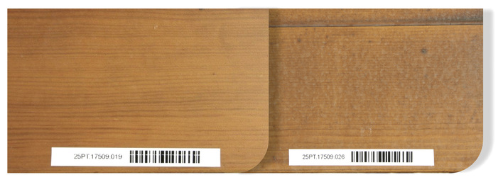 Schmutzaufnahmetest: Die CETOL WF 98xx im Vergleich zu herkömmlichen ­Lasuren. Die Oberflächen der CETOL WF 98xx-Reihe (Produktmuster links) nehmen ­keinen Schmutz auf. Der Unterschied ist im Vergleich zu einer herkömmlichen Lasur (Produkt­muster rechts) gut zu erkennen.