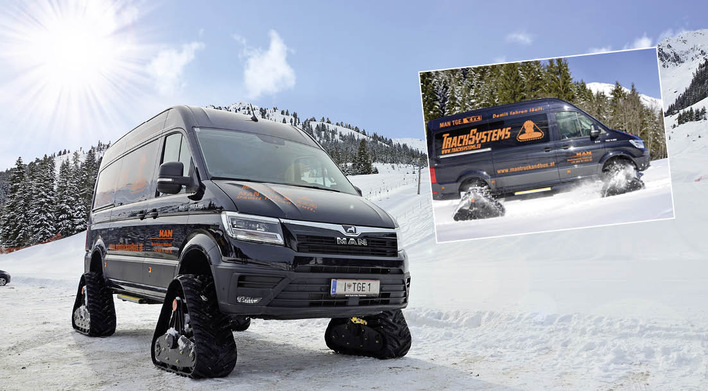 Der MAN Transporter TGE 3.180 4 × 4 Kombi mit ­Raupen fährt überall hin.