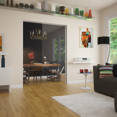 Die modifizierten Module aus dem Muto Programm als Schiebetürlösung Muto Comfort L 80 Pocket erlauben den Einbau der Laufschiene in einen Deckenschlitz sowie das Verfahren der Schiebetür in eine Wandtasche.