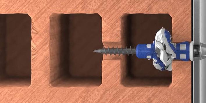 Der neue SPIT COLORTECH mit Bi-Material-Technologie verknotet in Hohlbaustoffen und Trockenbauplatten.