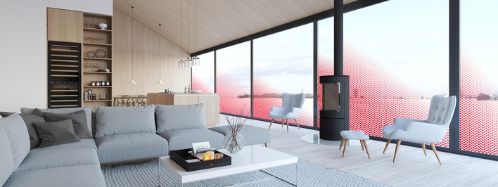 Wohlige Wärme durch beheizbares Glas, hier mit roten Wellen visualisiert. Die Heizelemente sind in Wirklichkeit nicht sichtbar. 