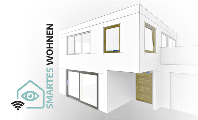 An den Fenstern und ­Türen sind die Positionen markiert, wo die Sen­soren platziert werden ­können 
(blau: mTronic, grün: eTronic).