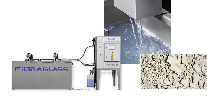 Filtraglass Anlagen zur Wasseraufbereitung senken den Frischwasserverbrauch (l.) sowie Abwasser- und Entsorgungskosten. Der Schleifschlamm fällt kompakt und trocken aus (unten).