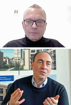 Christian Klinger (oben, Miteigentümer und ­Unternehmenssprecher IFN Holding AG) und Philipp Neuffer, Miteigentümer und Geschäftsführer Neuffer Fenster & Türen GmbH im Video-Call mit GLASWELT-­­­Chefredakteur ­Daniel Mund.