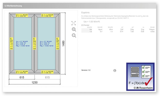 Bei der Berechnung der U-Werte wird das ift-Logo automatisch angezeigt.