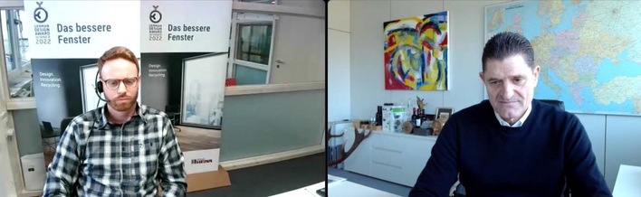 Fensterbauer Jonas Herr und CSO Wolfgang Sandhaus von Salamander im Video-Call.