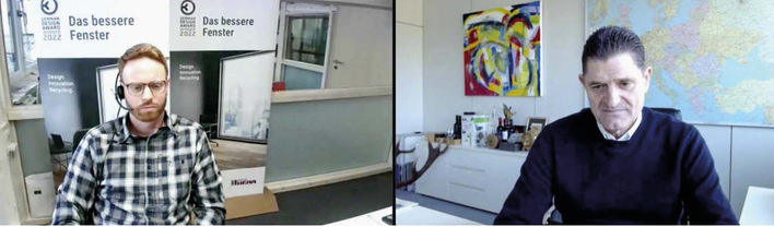 Fensterbauer Jonas Herr und CSO Wolfgang Sandhaus von Salamander im Video-Call