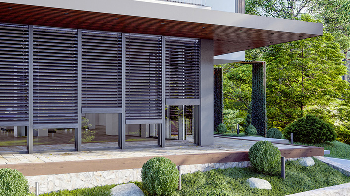 Im Gegensatz zu Jalousien, werden Raffstoren über Schienen geführt und sind somit stabiler. Damit eigenen sie sich für umfassende Außen­verglasungen und großzügige Fenster.