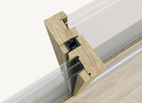 Der Portal HS slim von Siegenia für Elemente aus Holz und Holz-Aluminium überzeugt durch schlanke Ansichtsbreiten – selbst in der Mittelpartie sind es gerade einmal 60 mm.