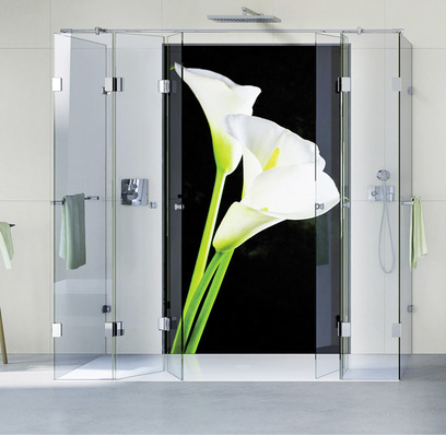 Hier die Duschkabine Josephine mit einer Helene Duschrückwand mit dem Designmotiv Doublecalla.