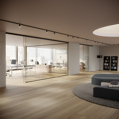 Viel Licht im Raum, der neue Portavant G 120 Schiebebeschlag macht das möglich. Der Beschlag ist in Schwarzeloxal gehalten.