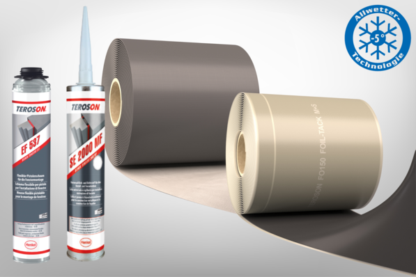 Sind Teil des Allwetter-Sortiments von Teroson Bautechnik (v. l.): der schallschützende Fenstermontageschaum ED 537, der Dicht- und Klebestoff SE 2000 MF, die schwer entflammbare Fassadenabdichtungsfolie FO 2 FR und die selbstklebende Spezialabdichtungsfolie FO 150 FOIL-TACK M+S.