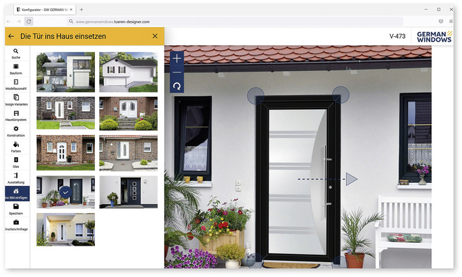 Mit dem Haustür-Konfigurator von German Windows gelangen Nutzer in nur wenigen Klicks zu ihrem Wunsch-­Element. Besonders praktisch: Sie können als Vorschau ein Bild des eigenen Hauses hochladen und sehen so auf Anhieb, ob das Endprodukt auch tatsächlich ins Gesamtbild passt.