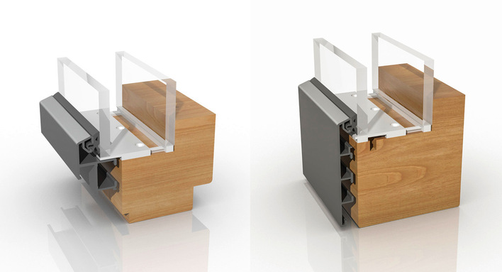 Links das Glasauflager in Kombination mit einem flächen­bündigen System und rechts das Glasauflager in ­Verwendung bei ­Festverglasung.