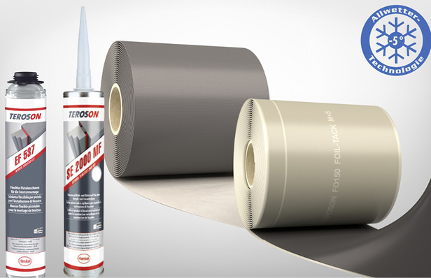 Teil des Allwetter-Sortiments von Teroson: Montageschaum, Dicht- und Klebestoff, Fassadenabdichtungsfolie und selbstklebende Spezialabdichtungsfolie.