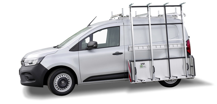 Ein City-Transporter mit abnehmbaren Hegla Außen­reff und Gepäckträger bietet genügend Platz für das Ladegut und ist gleichzeitig durch seine Kompaktheit bestens für den Stadtverkehr geeignet. Zudem sind die Wagen auch als ­Elektro-Variante erhältlich, wie hier ein E-­Kangoo.