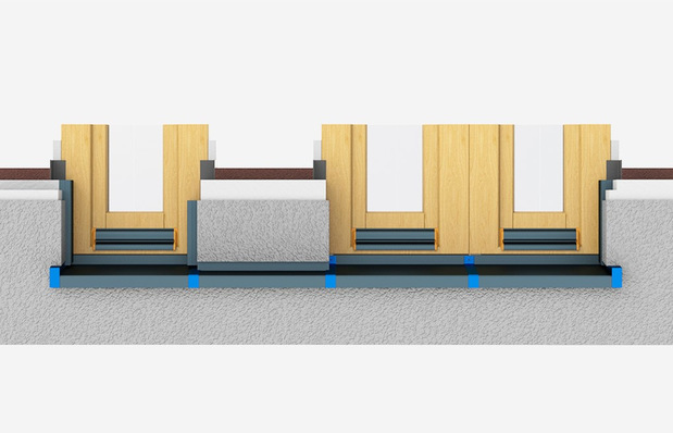 Das BUG System 500 auf einen Blick mit in sich geprüften Bauteilen: Gleitabschluss A 500 V, Stoßverbinder H 500 D, Anschraubdichtung AD 500 und Pfeileraussparung P 500.